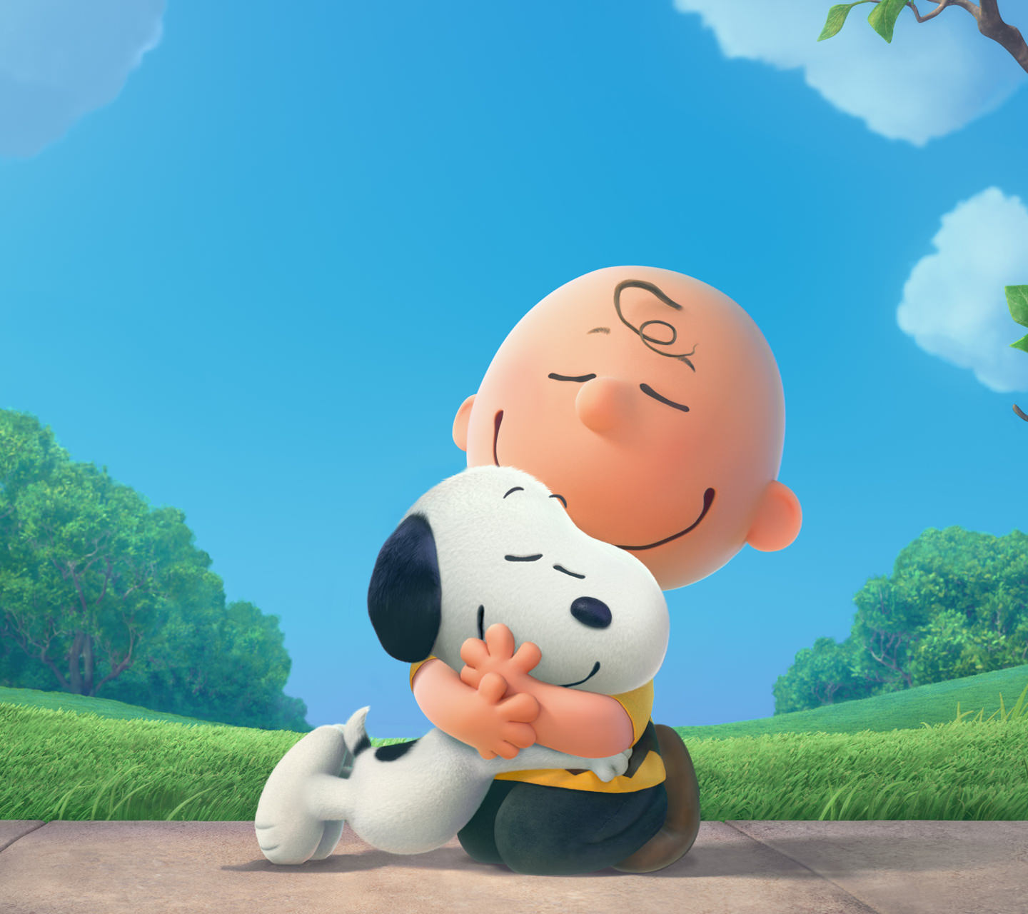 Charlie Brown and Snoopy hugging in a vibrant outdoor setting, perfect for Snoopy 4K Wallpapers