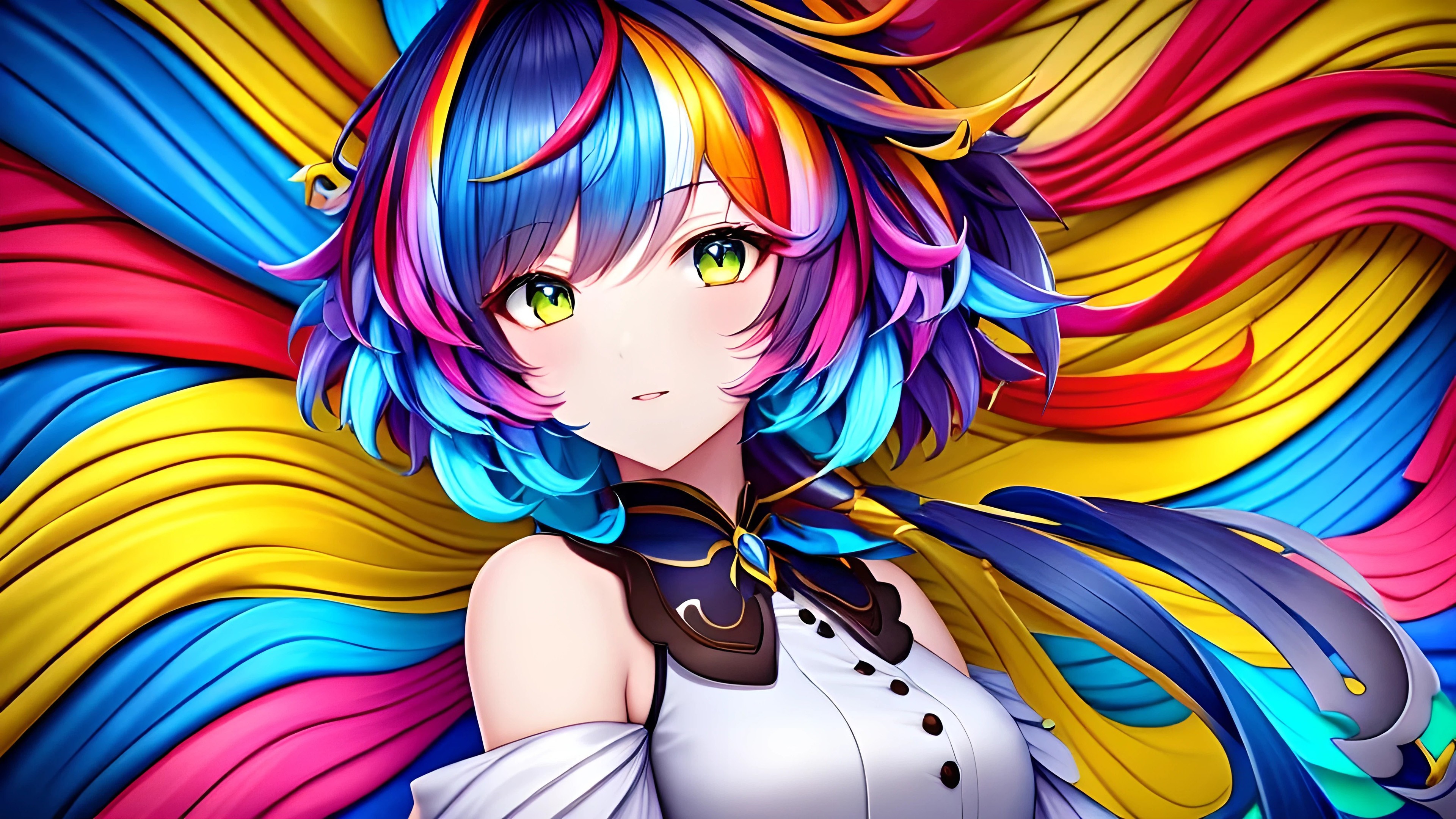 Anime Girl Colorful Hair Green Eyes Charming Perfect Face Wallpaper