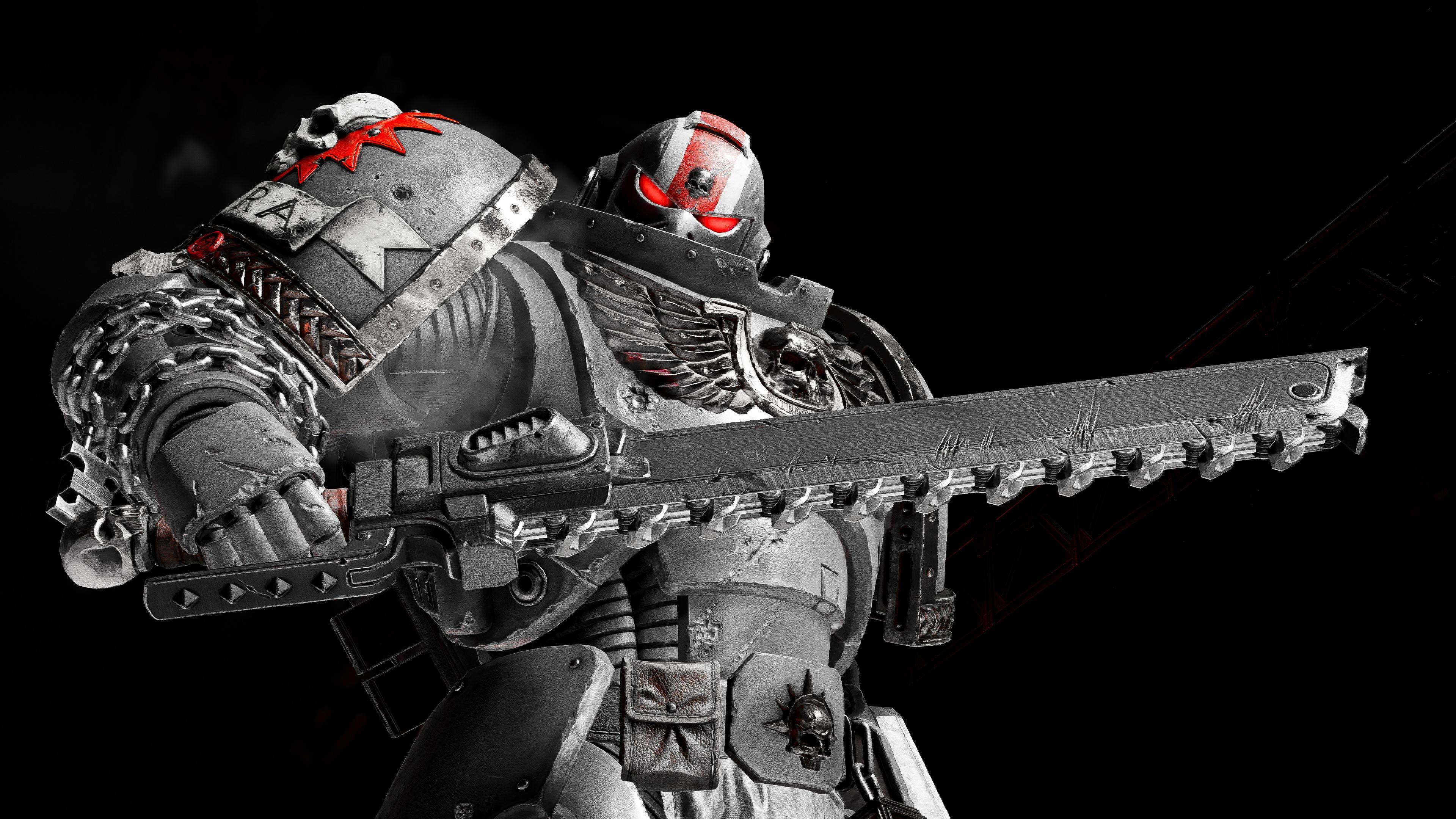 A dark, gritty close-up of a futuristic space marine, clad in black and grey power armor, wielding a large chainsword against a stark black background.  Red accents highlight the helmet and weapon, adding to the menacing atmosphere