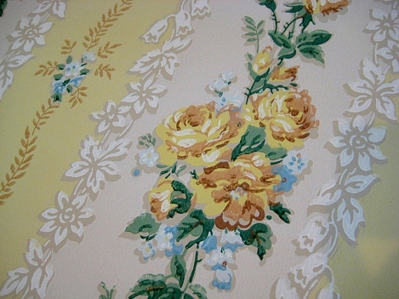 Vintage Wallpaper Yellow Roses Blue Floral Stripes Yard