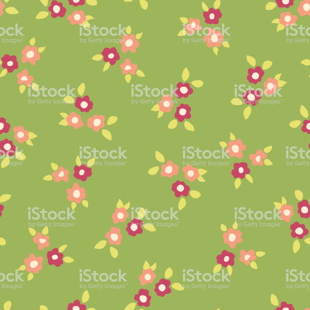 Scattered Ditsy Flowers Green Pink Coral Seamless Vector Pattern
