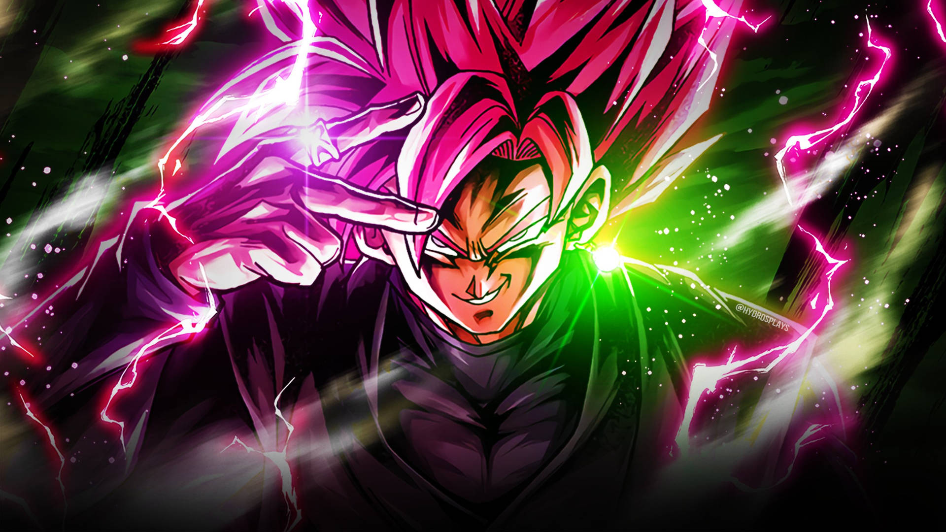 Goku Black Rose 4k Mobile Wallpaper: A vibrant close-up of Goku Black with pink hair and a dark outfit, emanating purple and green energy