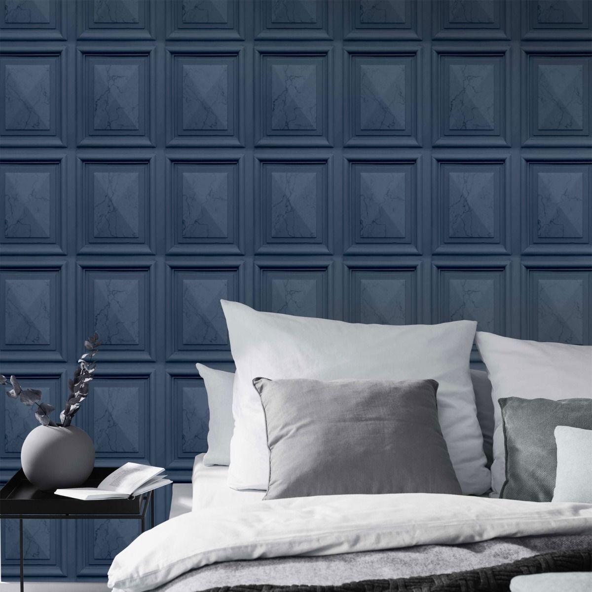 Marble Wood Panel Navy Blue Erismann Wallpaper