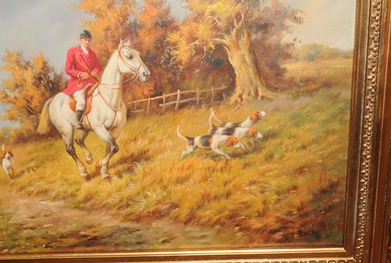 Signed Oil Painting English Hunt Scene Fox Hunting Rural Landscape Art