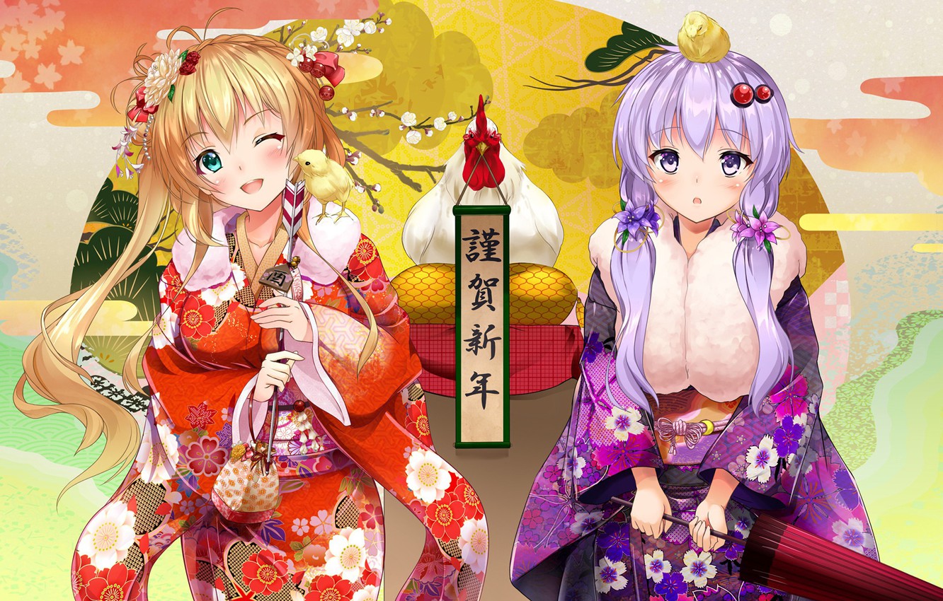Wallpaper kawaii girl new year Vocaloid bird umbrella anime