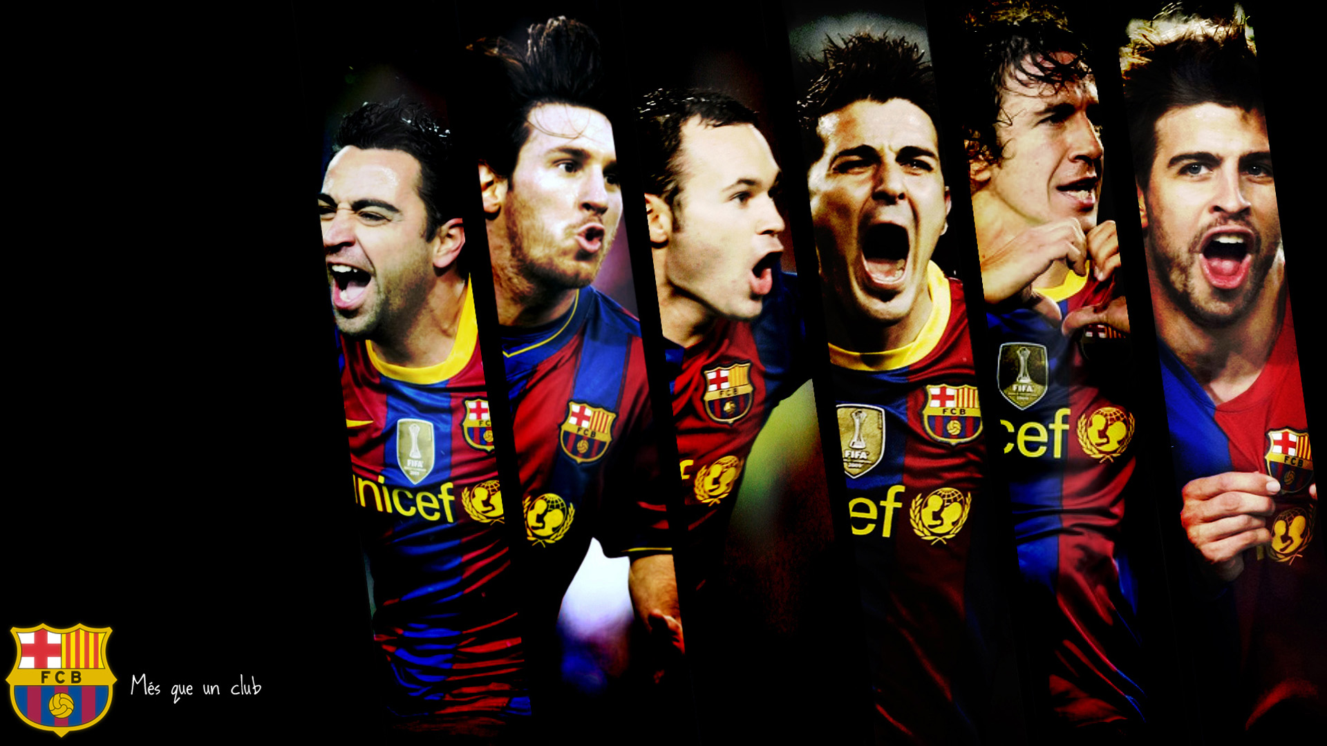 A collage of FC Barcelona players celebrating a victory, showcasing their passion and team spirit. The iconic burgundy and blue jerseys are prominent, along with the club crest