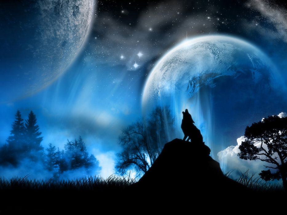 Blue Animals Moon Illustrations Howling Wolf Wolves Wallpaper