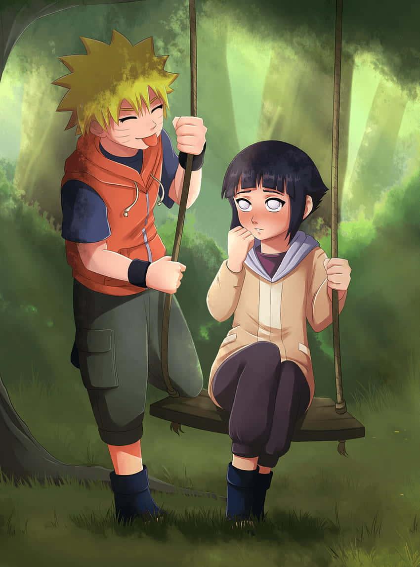 Cute Naruto And Hinata Swinging In The Forest Wallpaper