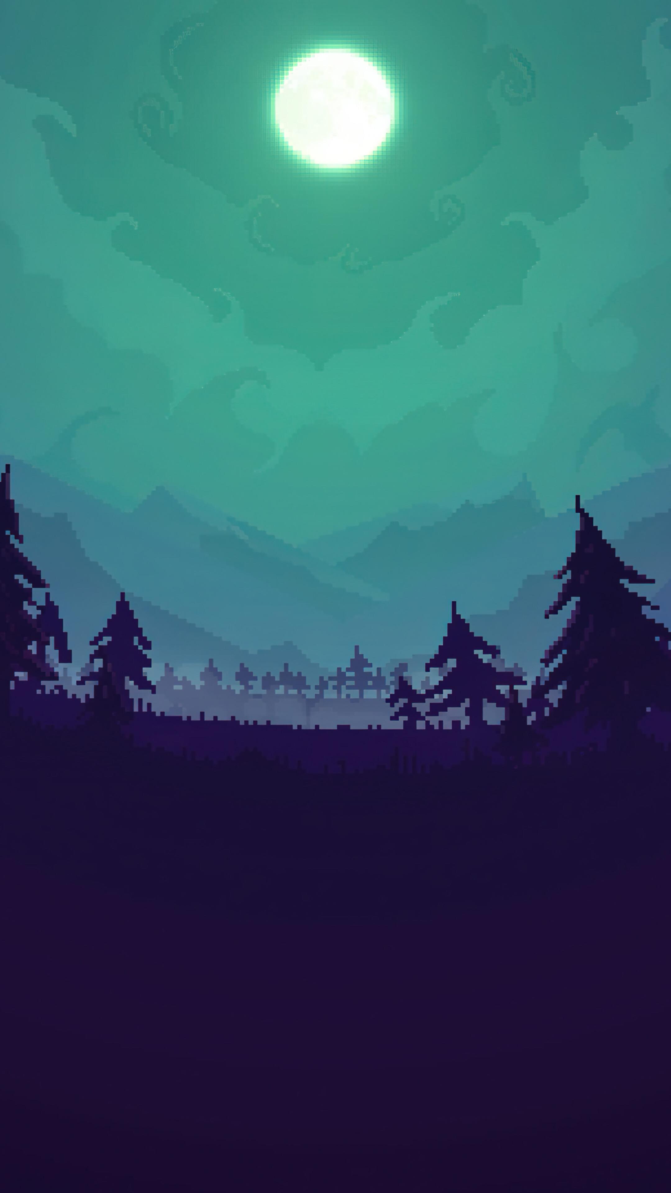 Forest Night Full Moon Pixel Art Scenery 4k Wallpaper iPhone HD