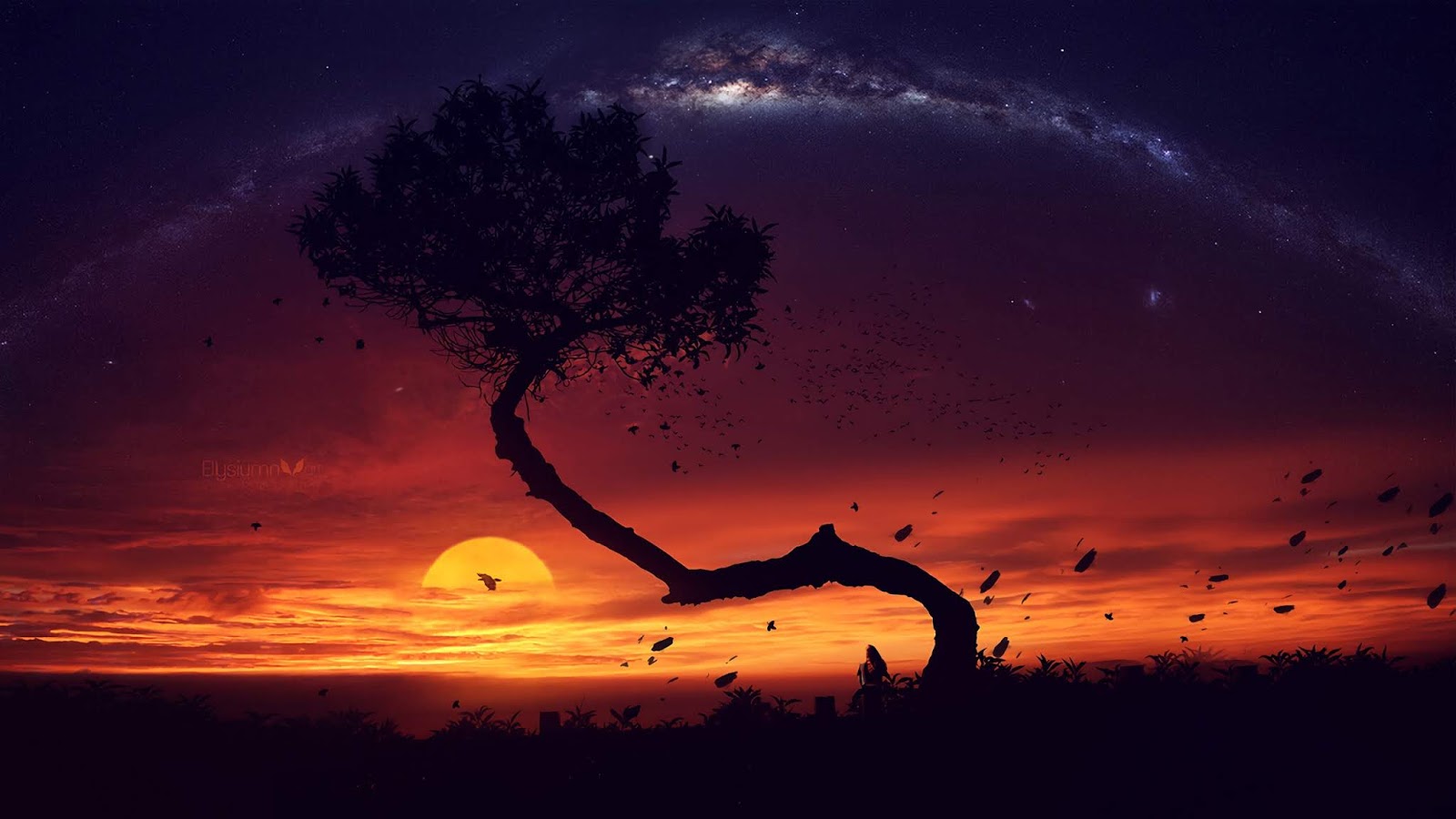 Evening Tree Sunset Artwork Alone