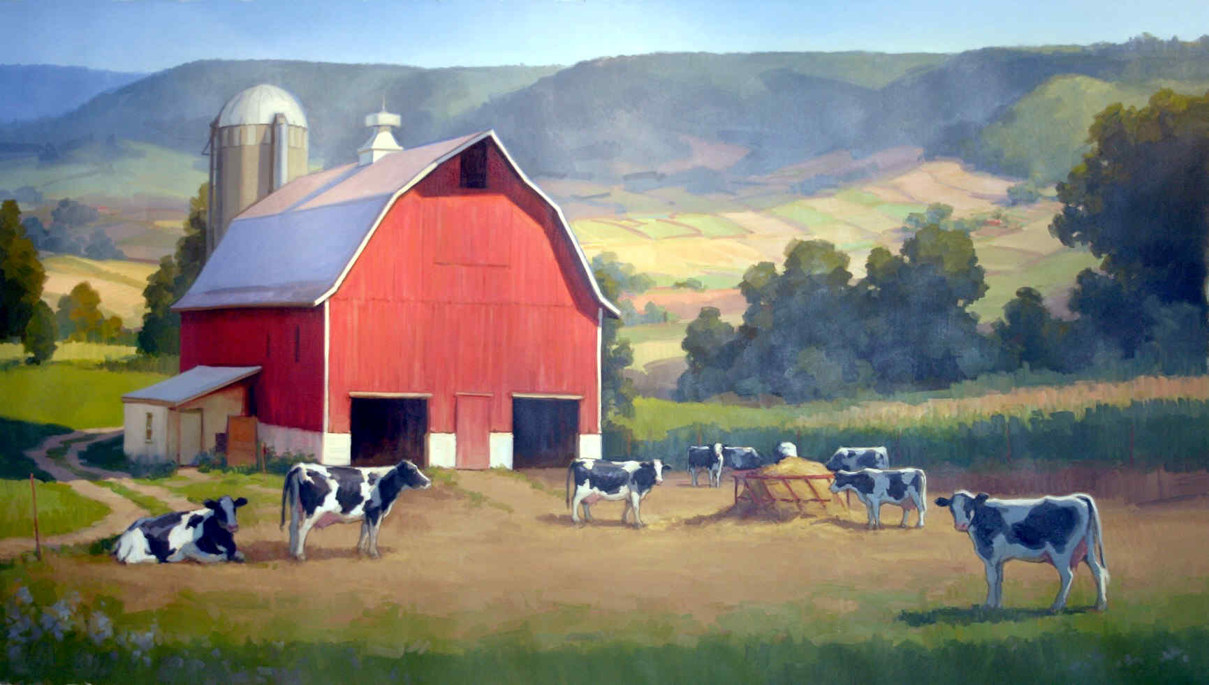 Farm Barn Cows Fields Hills Pasture Red Wallpaper