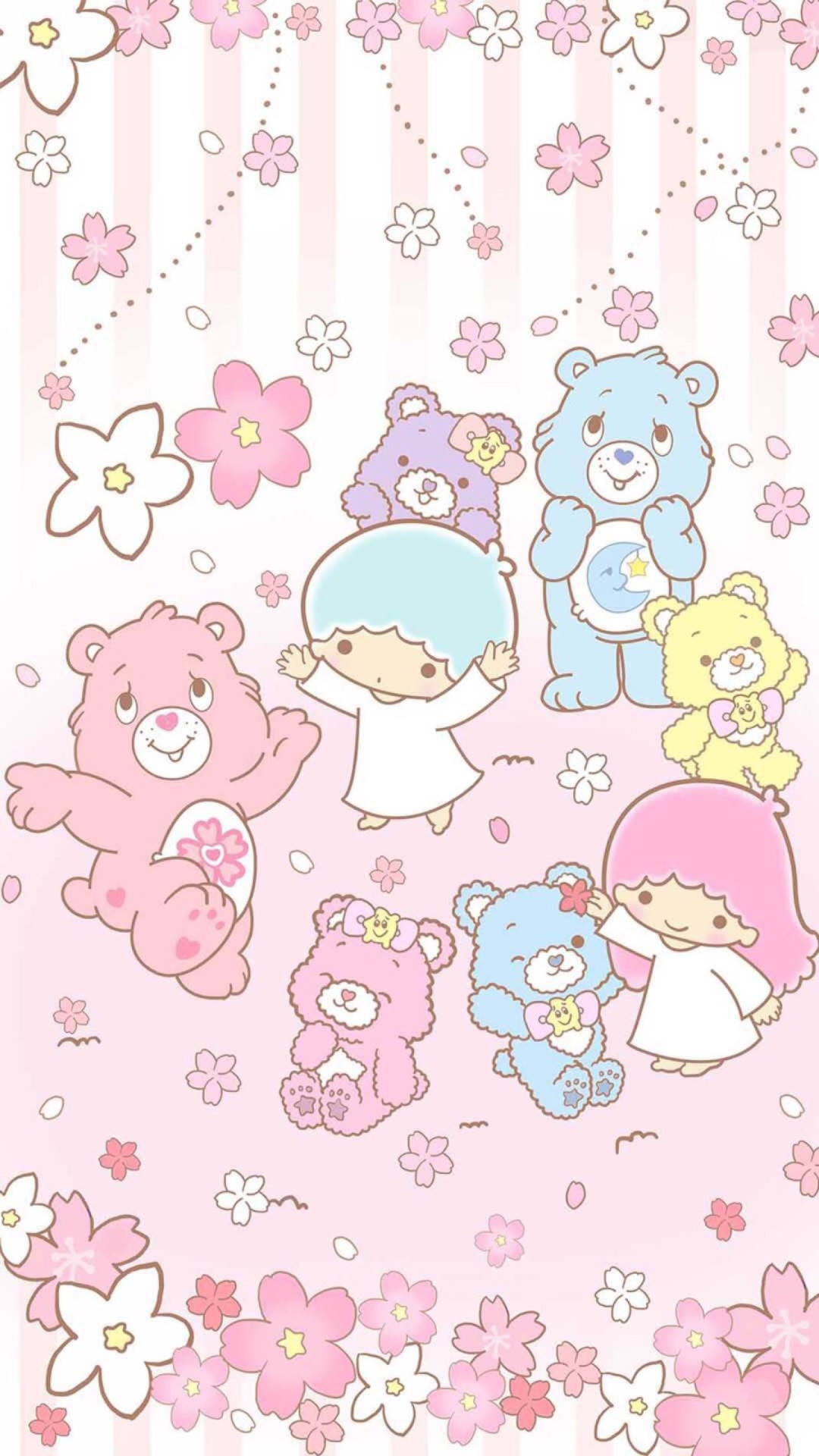 Cute Japanese wallpaper featuring adorable Sanrio characters and Care Bears amidst a shower of cherry blossoms