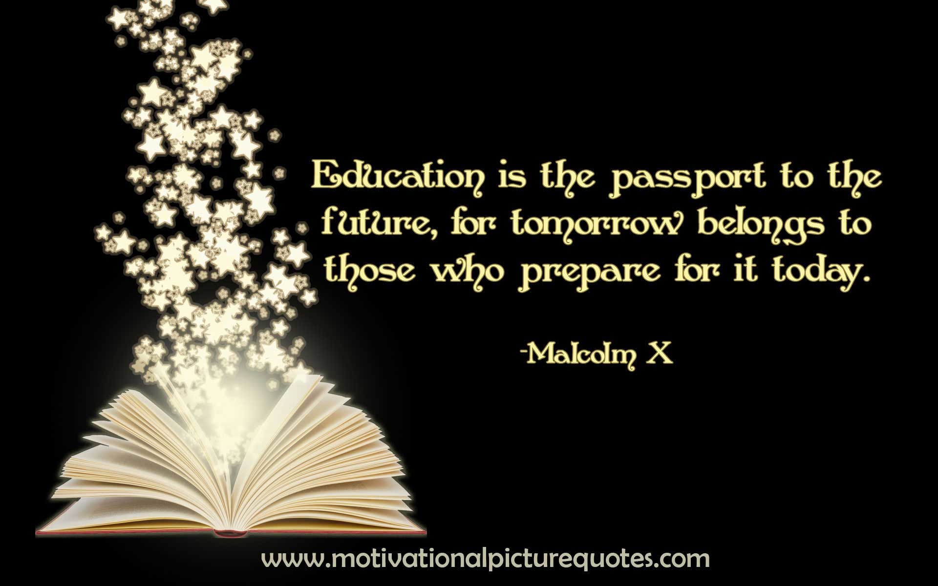 An open book radiating stars, symbolizing education as the key to the future. Quote by Malcolm X: 