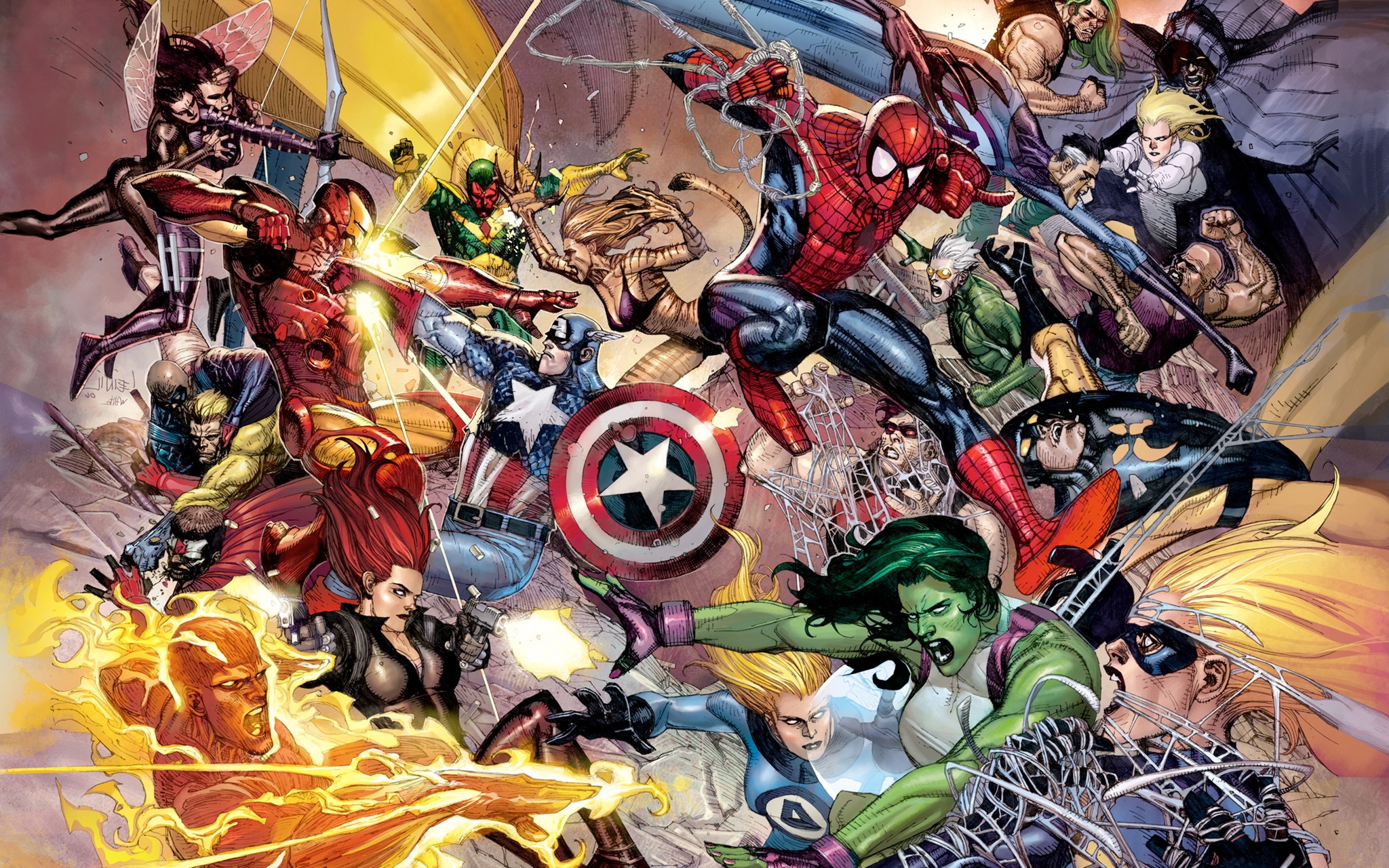 Action-packed Marvel superhero wallpaper featuring iconic characters like Spider-Man, Captain America, Iron Man, She-Hulk, and more in a dynamic battle scene