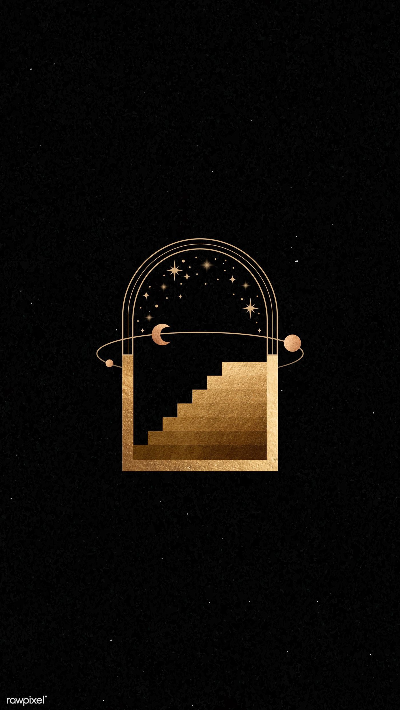 A black and gold phone wallpaper featuring a stylized archway with stairs leading to a celestial scene with stars, a crescent moon, and planets