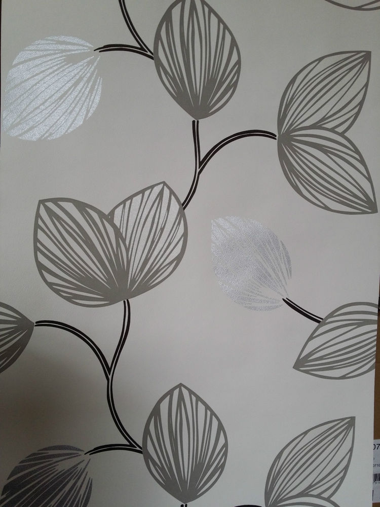 Designer Feature Wall Wallpaper Half White Black Grey Silver Leaf