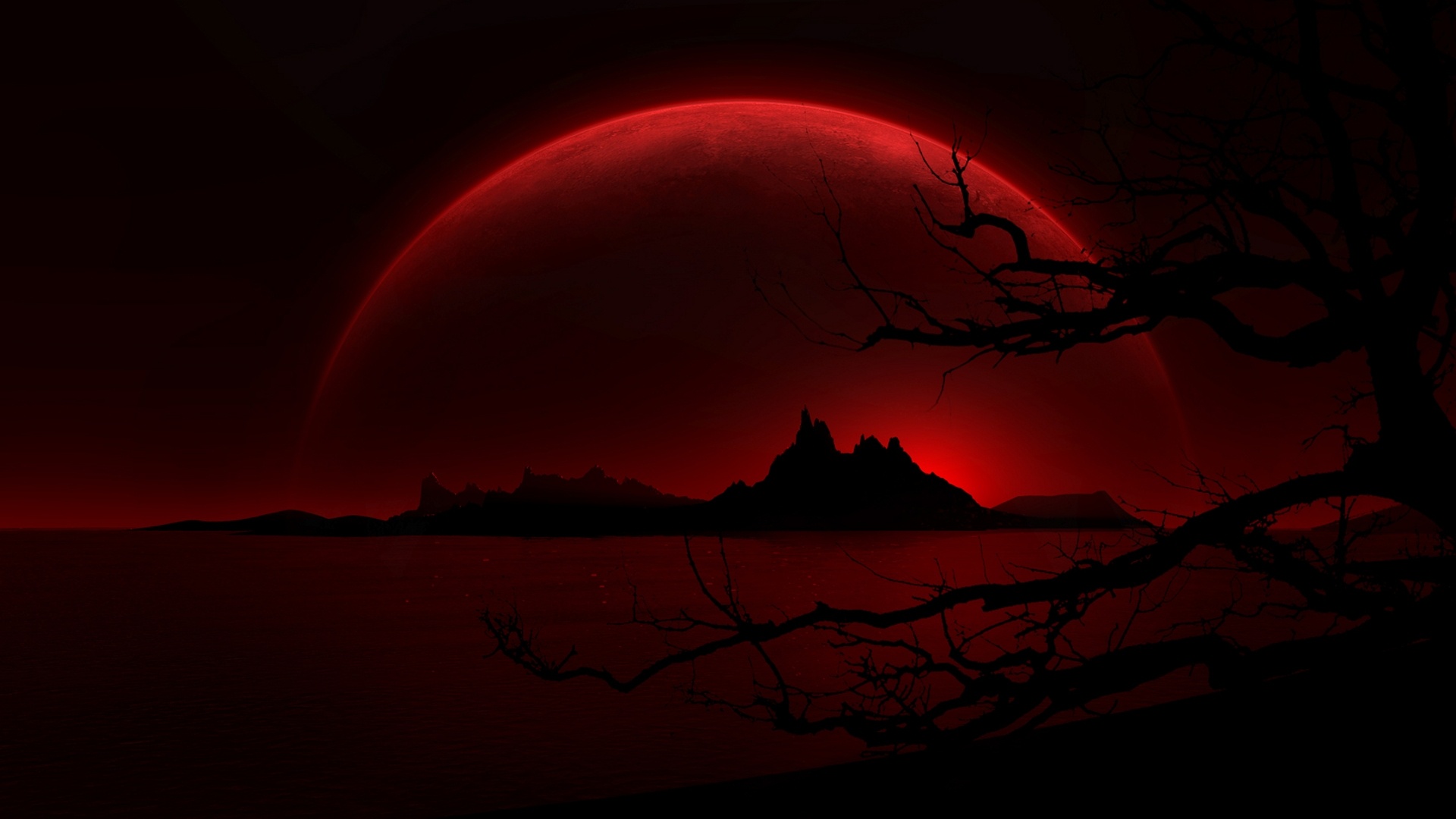 Hình Nền Mặt Trăng Đỏ - Tận hưởng vẻ đẹp của một hình nền đầy nghệ thuật với mặt trăng đỏ tươi rực trên nền đen tối. Bức tranh sẽ đưa bạn đến với một thế giới đầy huyền bí và lãng mạn.