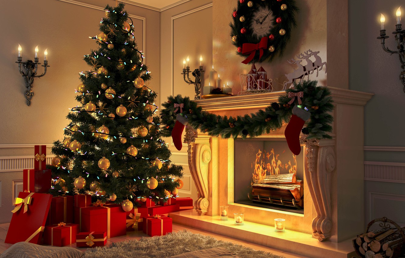 Wallpaper Decoration Toys Tree New Year Christmas Fireplace