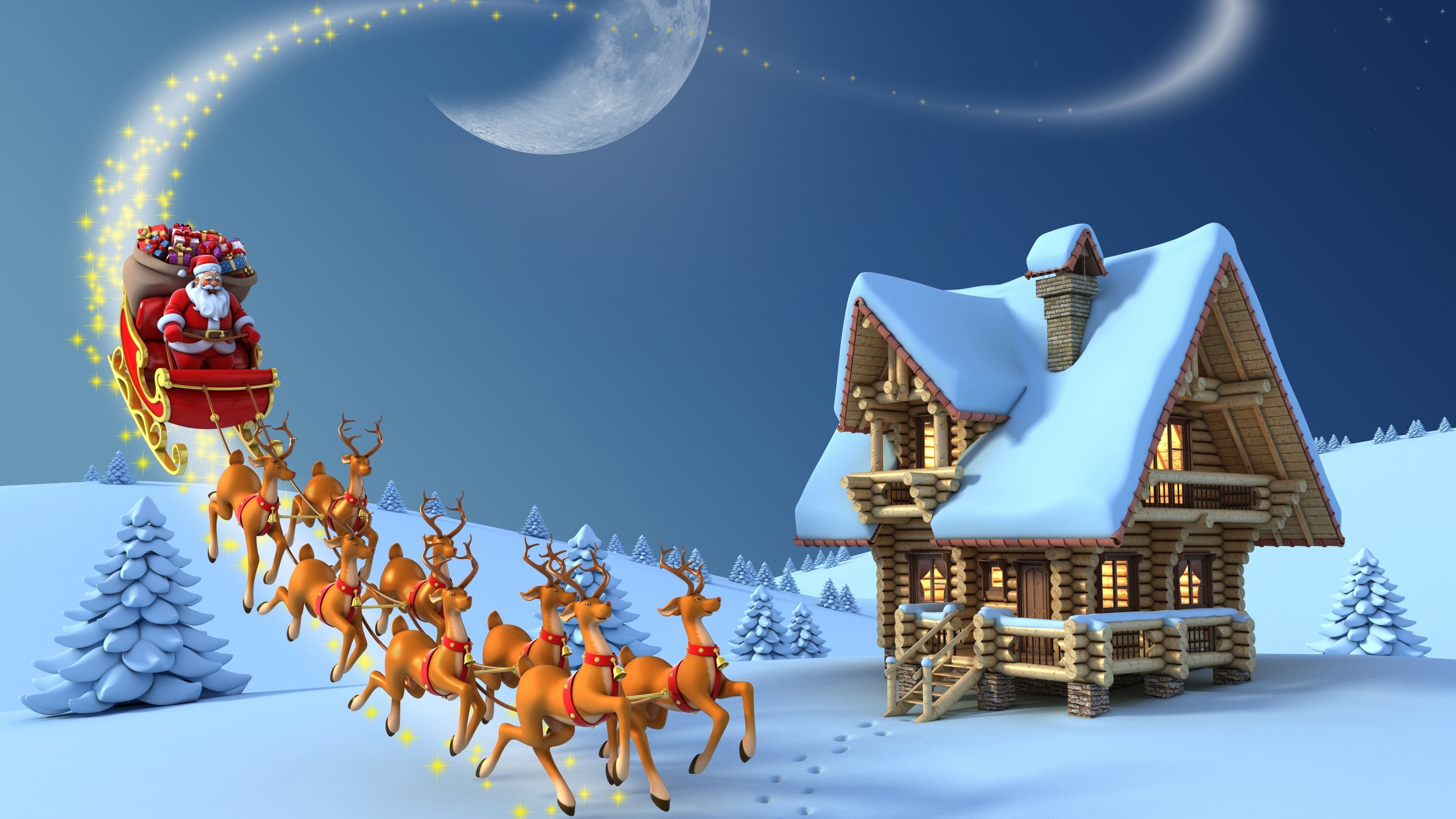 3D Cartoon Santa Claus Flying Over a Snowy Log Cabin on Christmas Eve