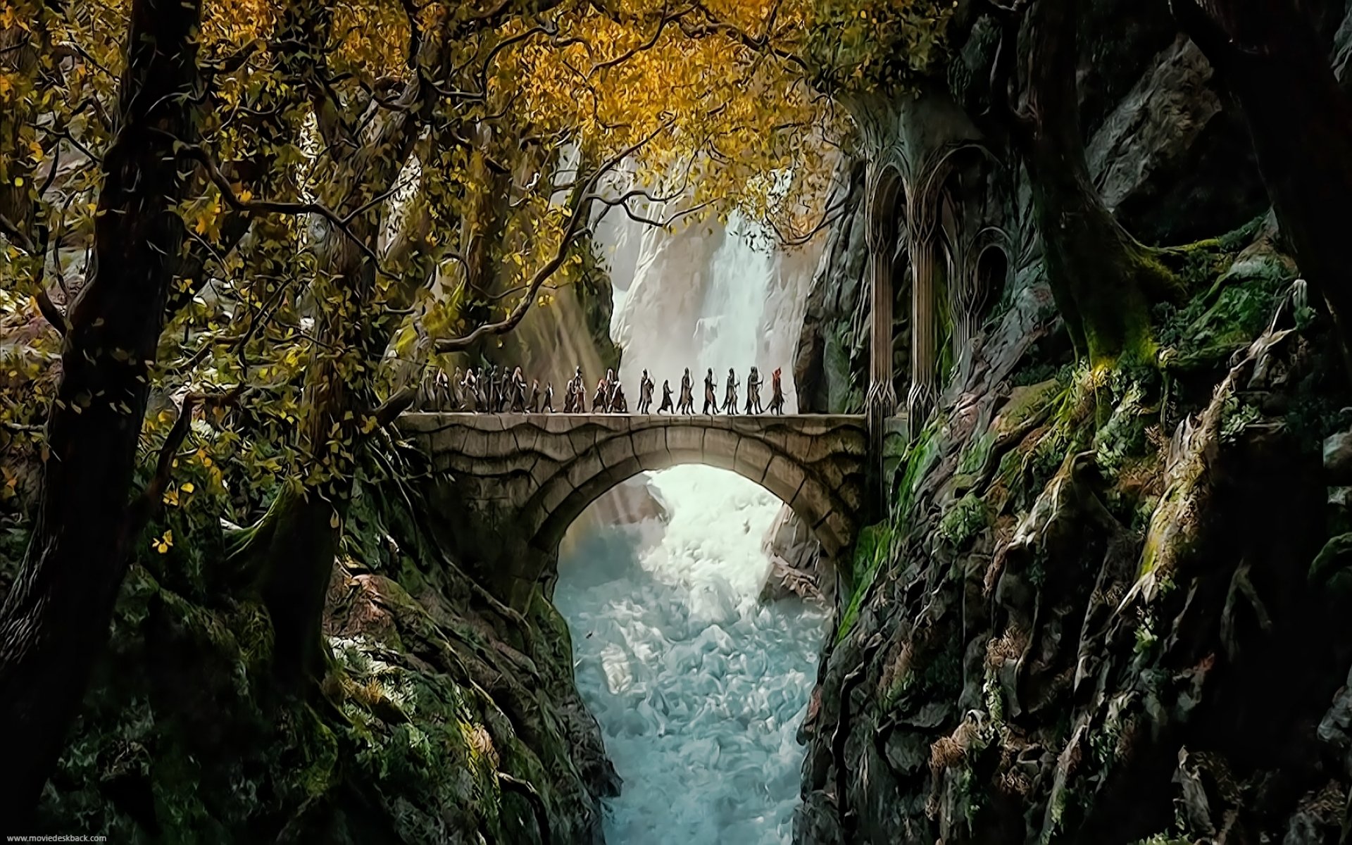 A company of dwarves crossing a stone bridge in Rivendell from The Hobbit: An Unexpected Journey