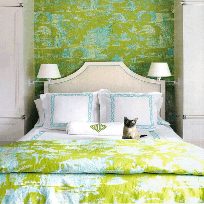 Colorful Traditional Bedroom With Matching Wallpaper And Fabric At