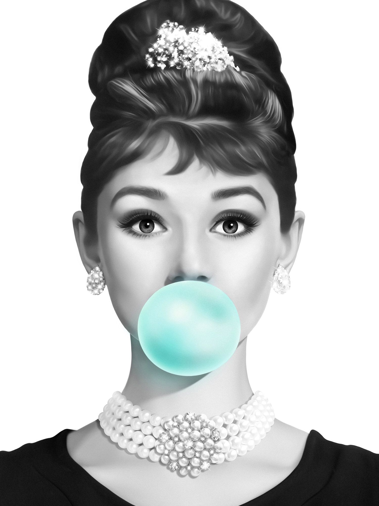 Audrey Hepburn Teal Bubble Gum Printable Poster Black And White