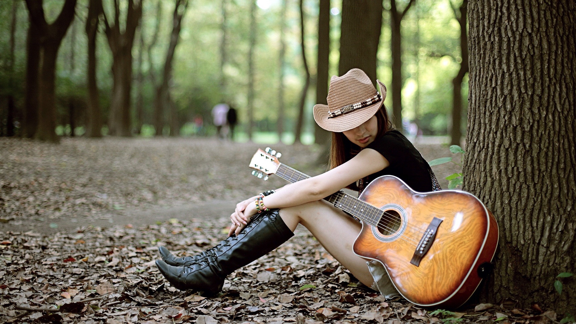Sad girl with guitar lonely in jungle HD Wallpapers Rocks