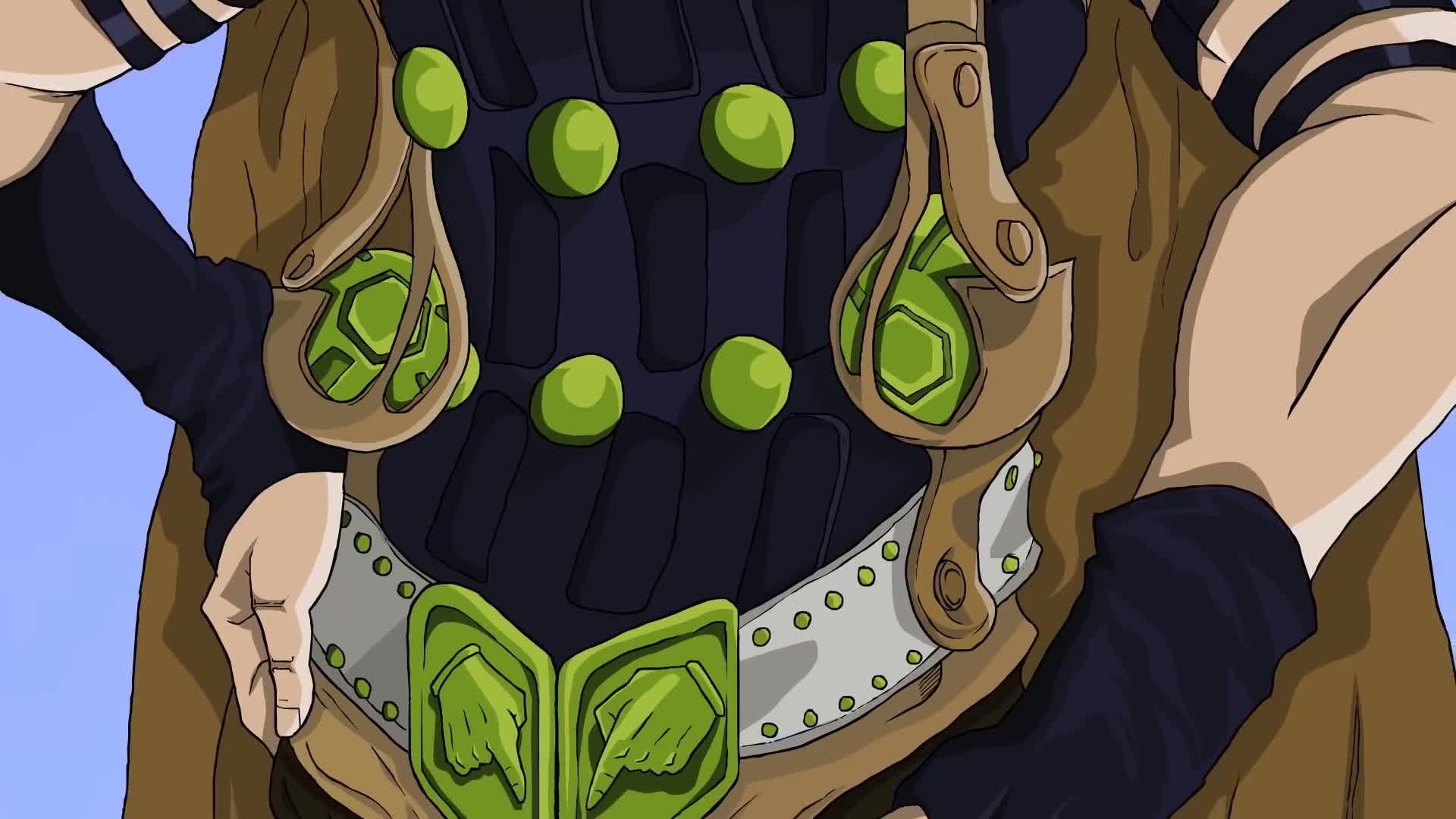 Close-up of Gyro Zeppeli's attire, showcasing his unique fashion sense and iconic steel balls