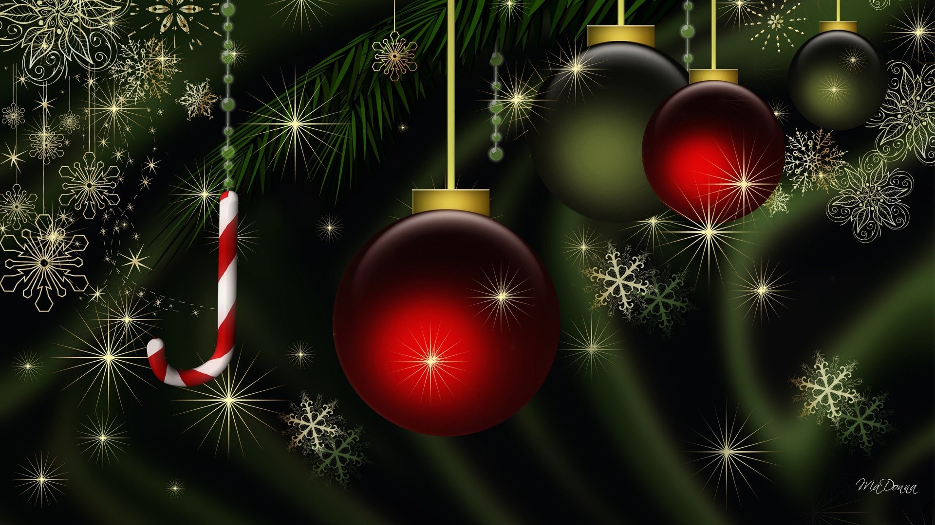 Festive Christmas ornaments and candy cane hanging against a dark green background with sparkling stars and snowflakes
