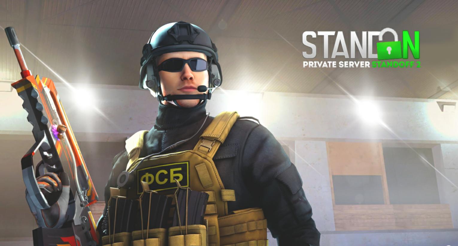 A soldier from the FSB, equipped with tactical gear and a futuristic weapon, stands ready in a scene from Standoff 2 Private Server