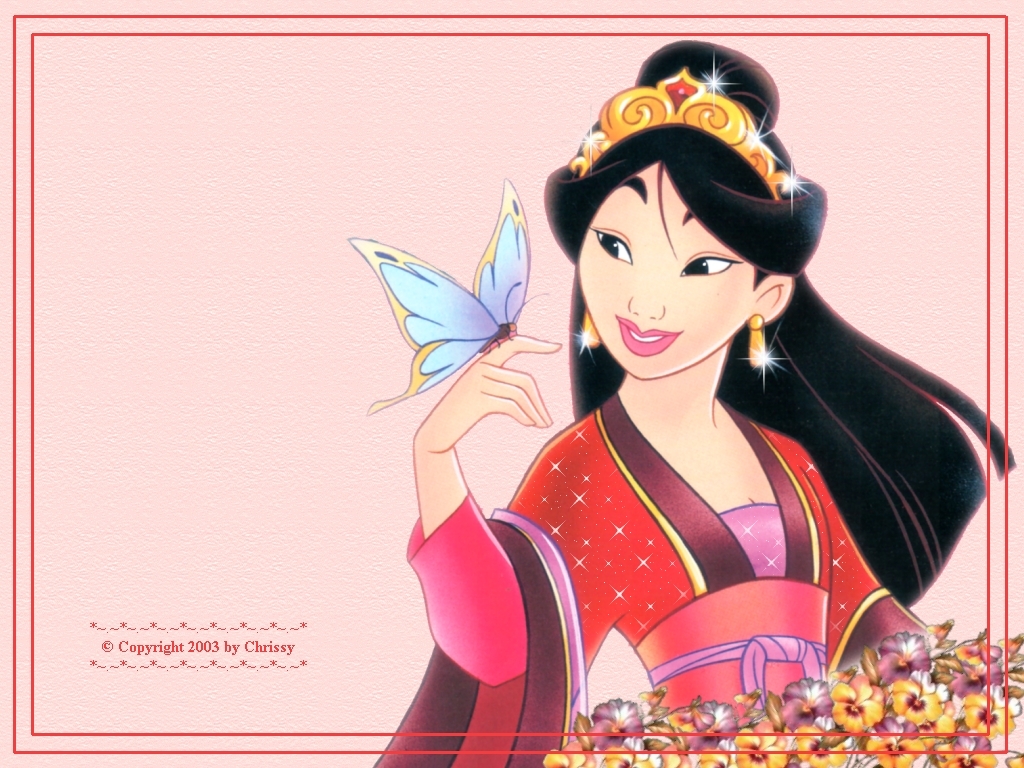 Princess Mulan with a Butterfly: A charming depiction of Disney's Mulan in a red and pink royal gown, holding a delicate blue butterfly