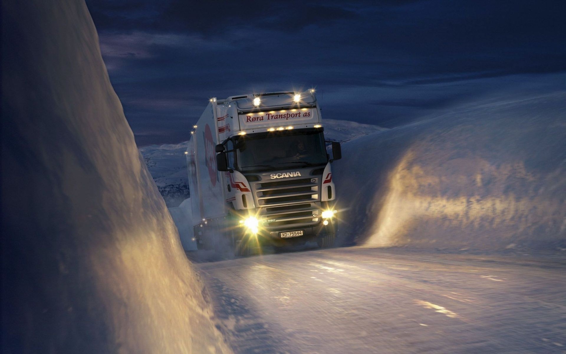 Snow Night Trucks Norway Trailer Vehicles Scania Headlights Wallpaper