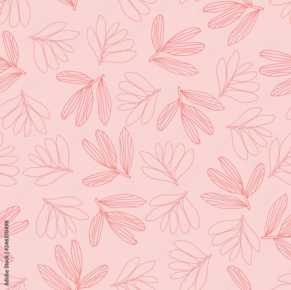 Vector Line Art Leaves On Pink Background Seamless Pattern Baby