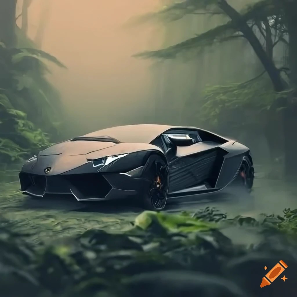 Black Lamborghini In Jungle Foggy Background 4k Highly