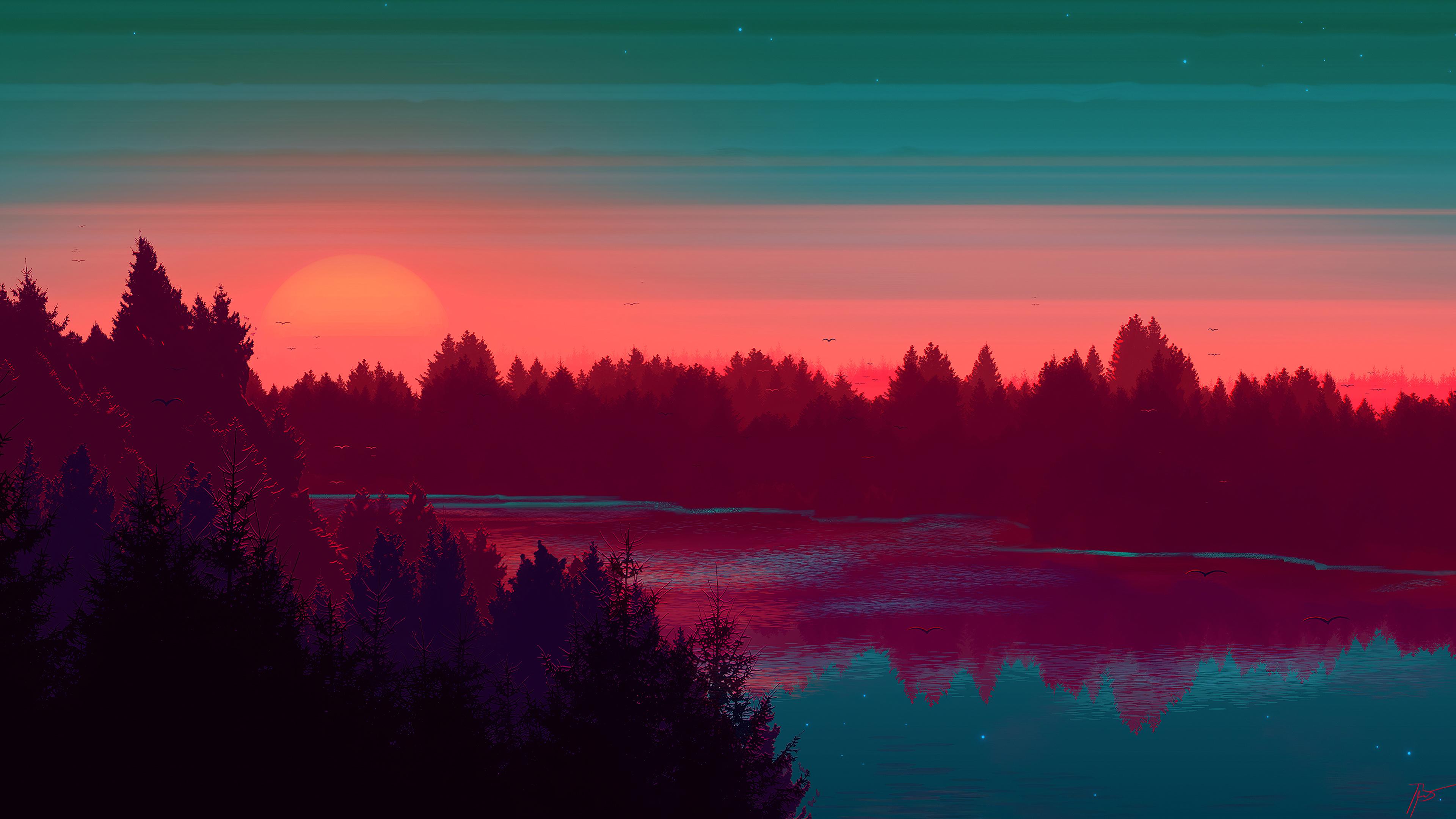 Sunset River Scenery Digital Art 4k Wallpaper