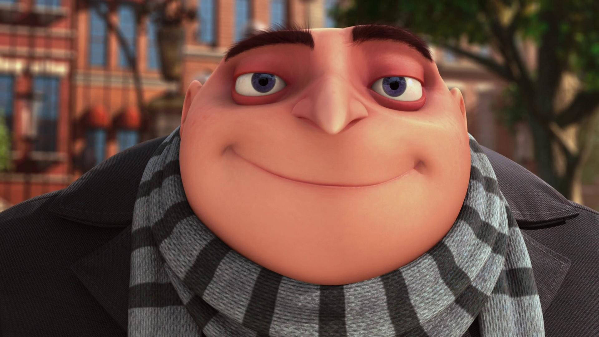 Close-up of Gru from Despicable Me, smiling warmly and wearing a scarf