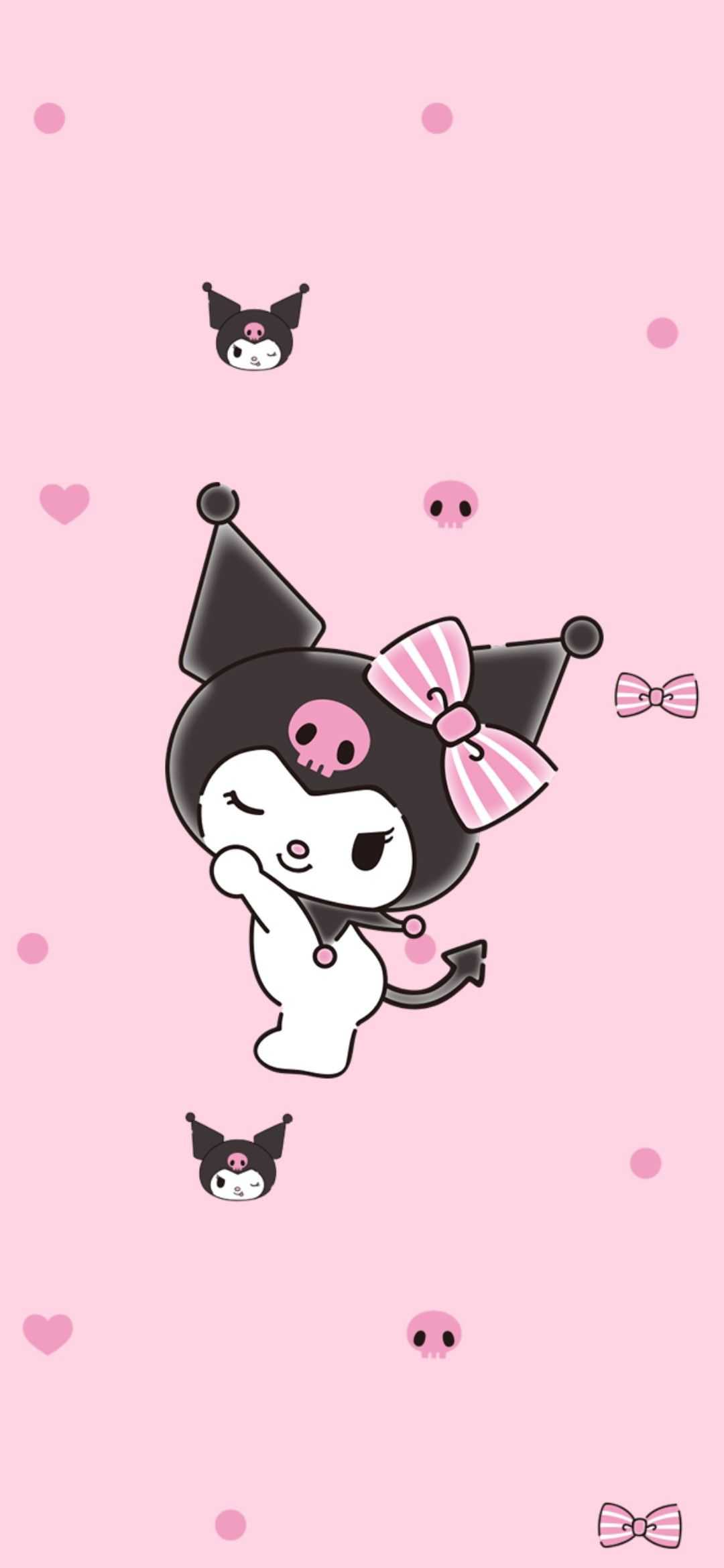 A cute, pink and black Kuromi wallpaper for PC, featuring the mischievous Sanrio character striking a playful pose