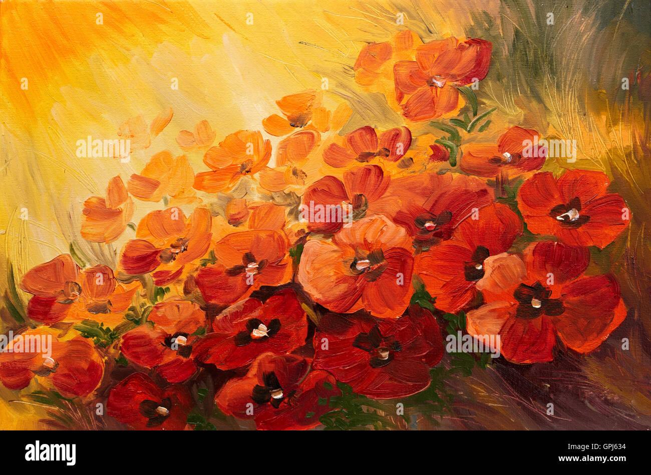 Oil Painting Abstract Illustration Of Poppies On A Red Yellow