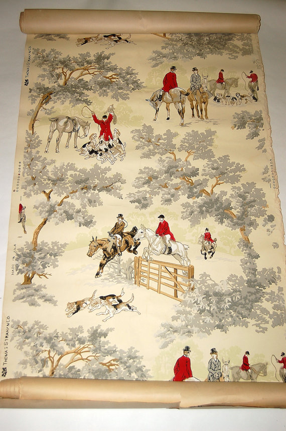 Wallpaper Traditional English Hunt Scene Designer Saratoga Rust Tan on Cream 