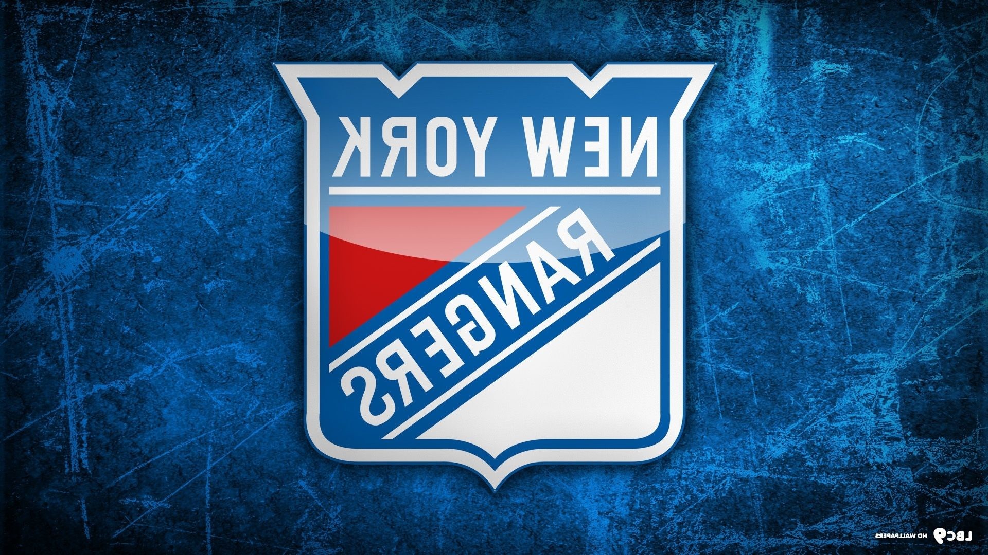 New York Rangers Logo on a textured blue ice background