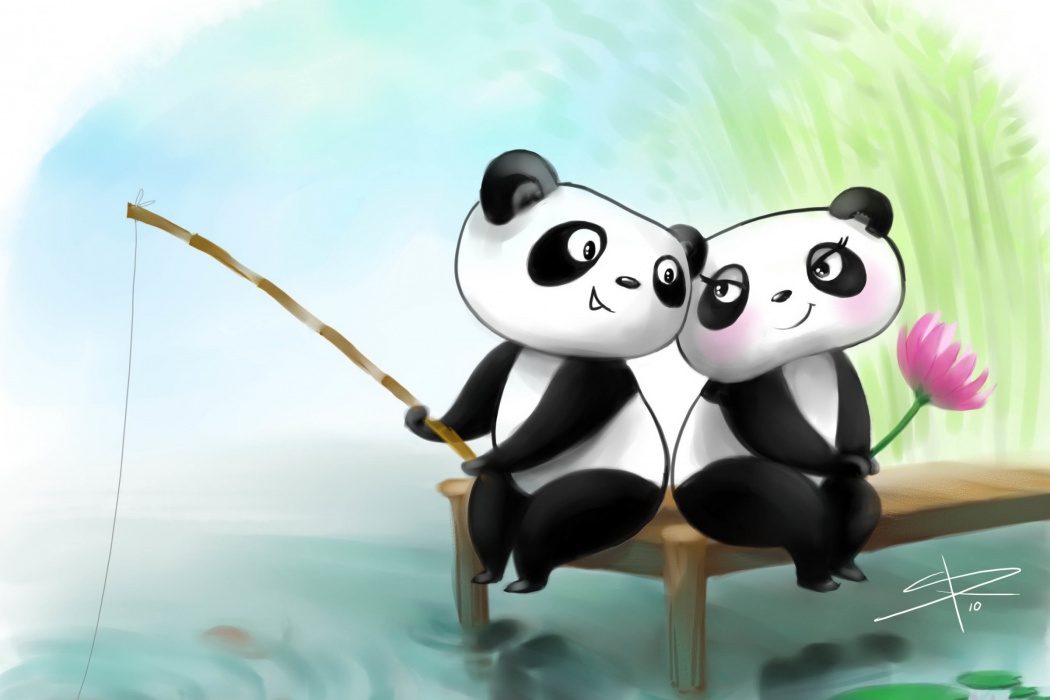 HD Animated Fishing Pandas Couple Romantic Photo Wallpaper Image