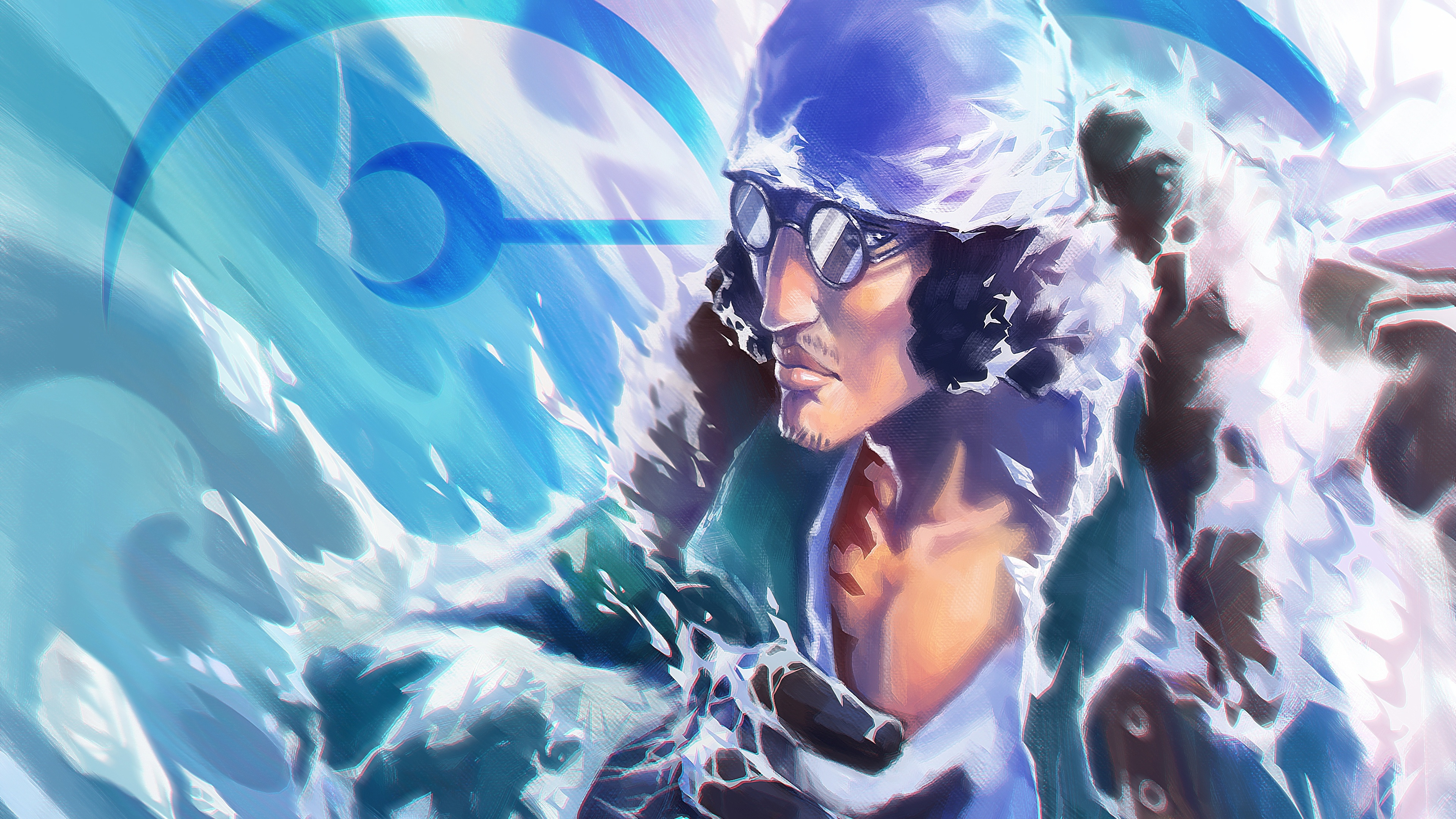A digital fan art depiction of Aokiji from One Piece, showcasing his ice powers against a vibrant blue backdrop