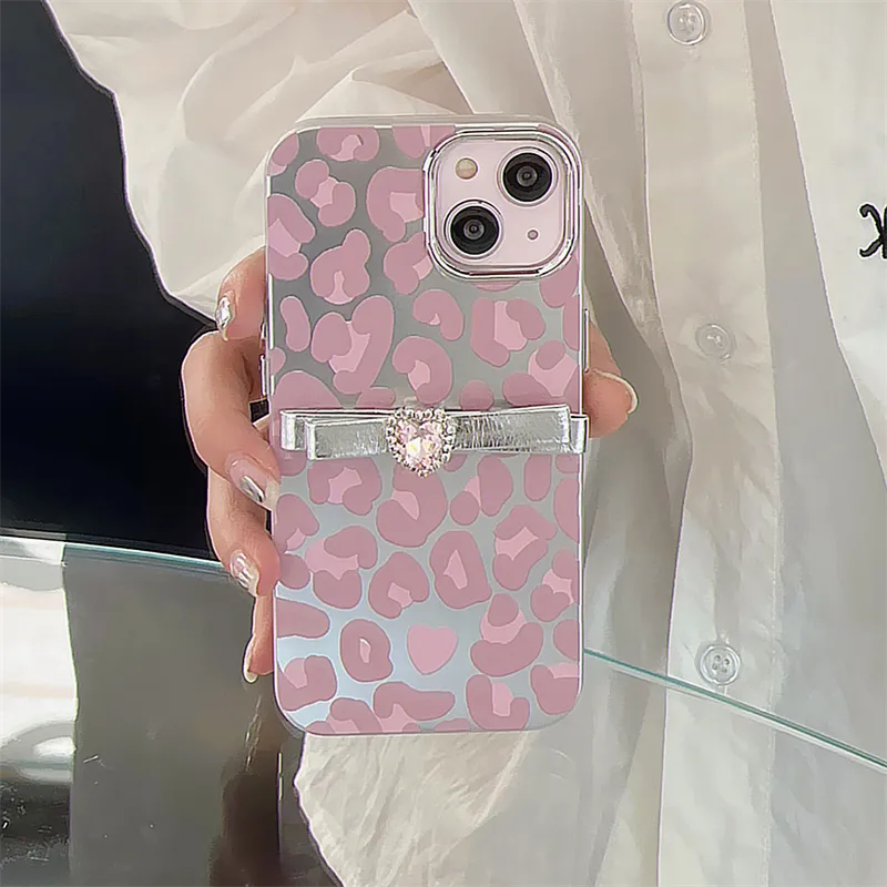 Cute Diamond Bow Plating Leopard Print Phone Case For iPhone
