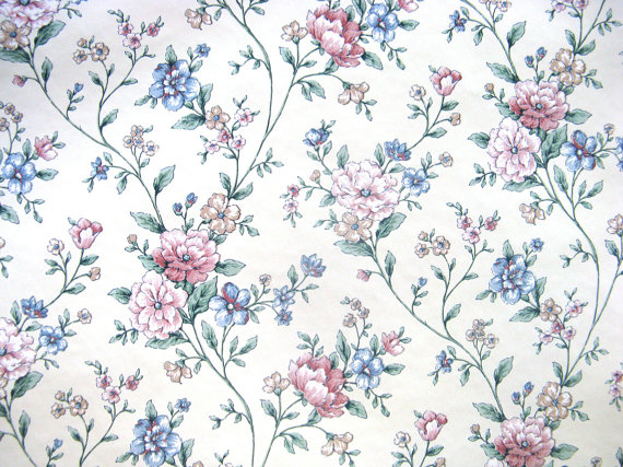 80s Sunworthy Vinyl Rose Blue Vintage Floral Vine Paper Wallpaper