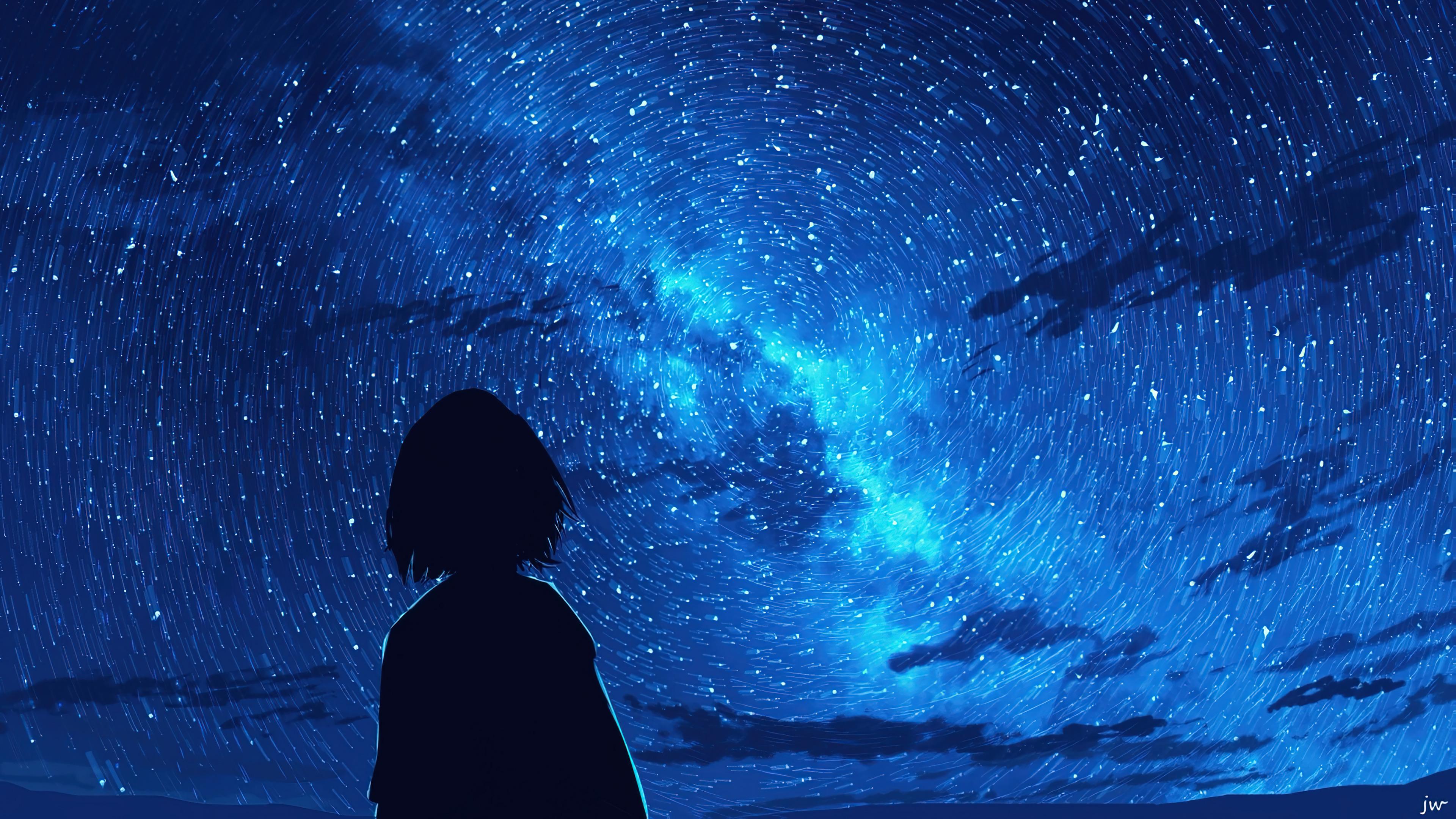 Starry Night Sky Anime Girl Silhouette Wallpaper 4K HD PC 6200f
