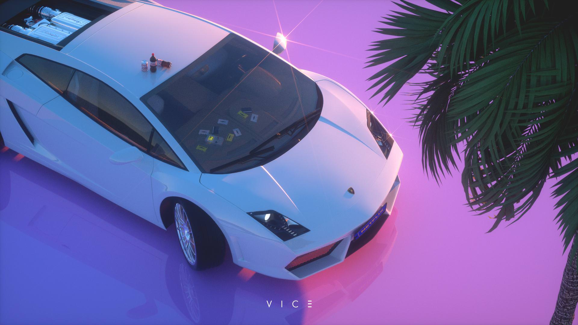 A stylized cartoon rendering of a white Lamborghini against a vibrant purple backdrop, accented with palm trees and a vaporwave aesthetic