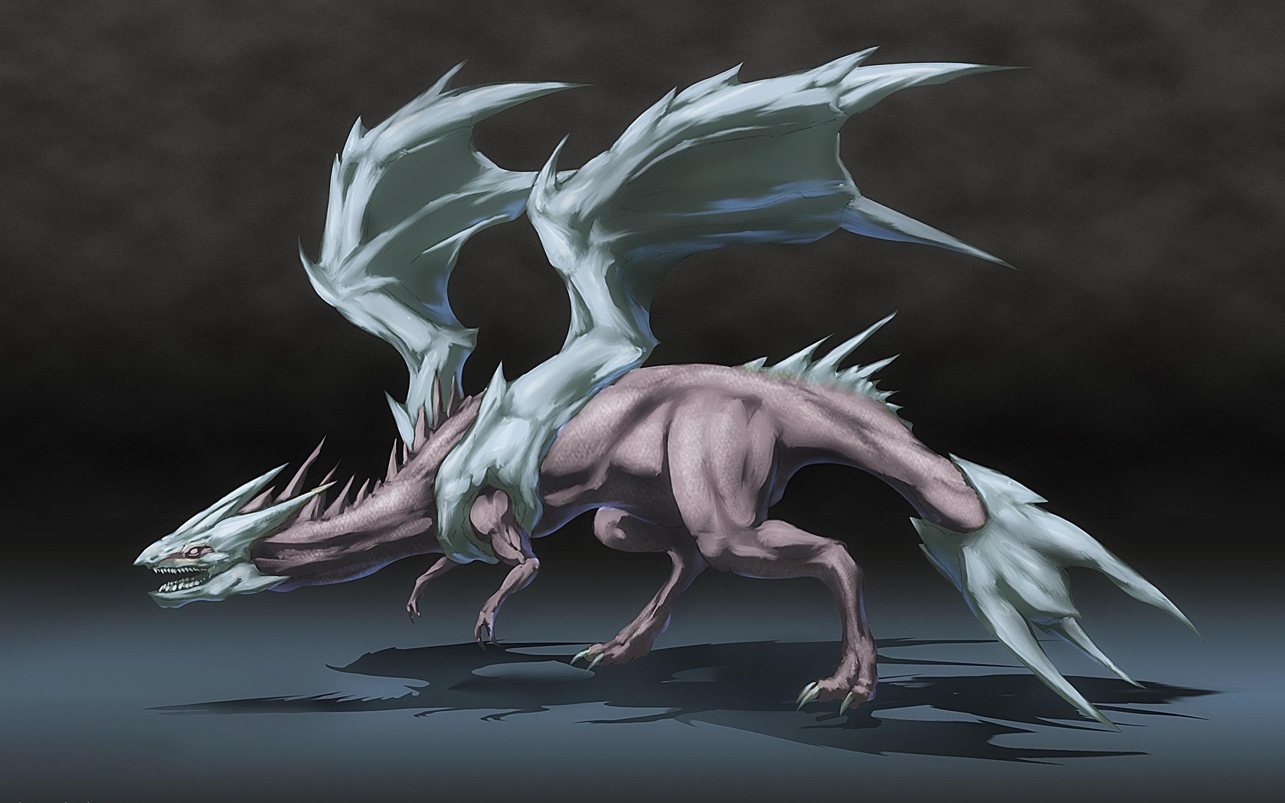 A light purple and white dragon with large, spiky wings, reminiscent of a Pokémon, stands against a dark background