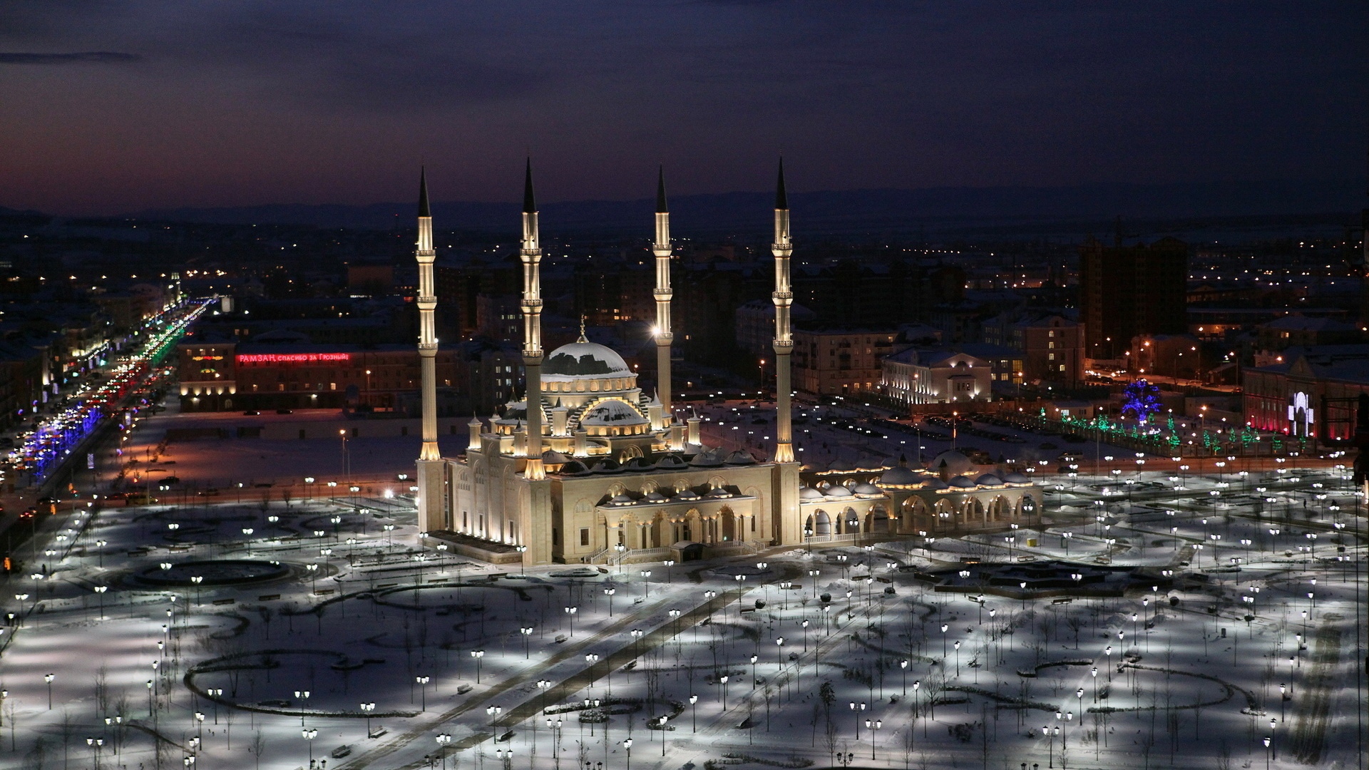 Wallpaper Chechnya Mosque Night Lights Full HD 1080p