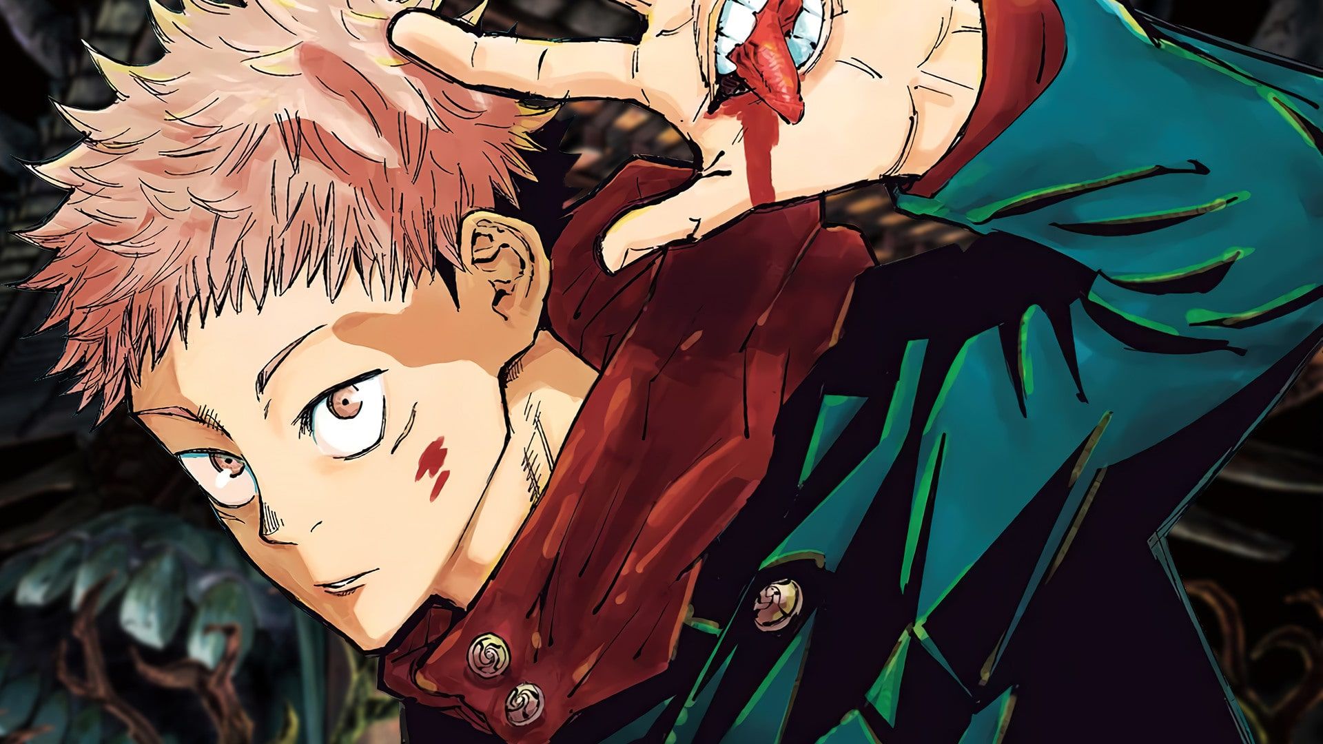 Yuji Itadori from Jujutsu Kaisen with pink hair and a teal jacket, making a hand gesture