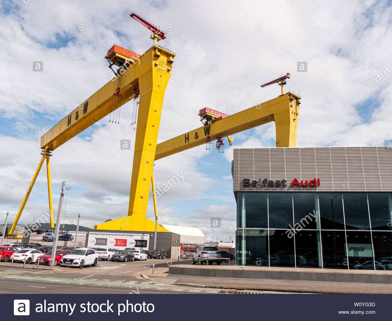 Belfast Audi Titanic Quarter With Shipyard Cranes Samson And